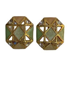 Vintage Avon Geometric Enamel Rhinestone Gold Tone Stud Earrings Green Gray